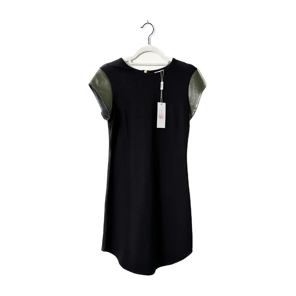 NWT House of Harlow Black Sheath Dress with Olive Vegan Leather Cap Sleeves with